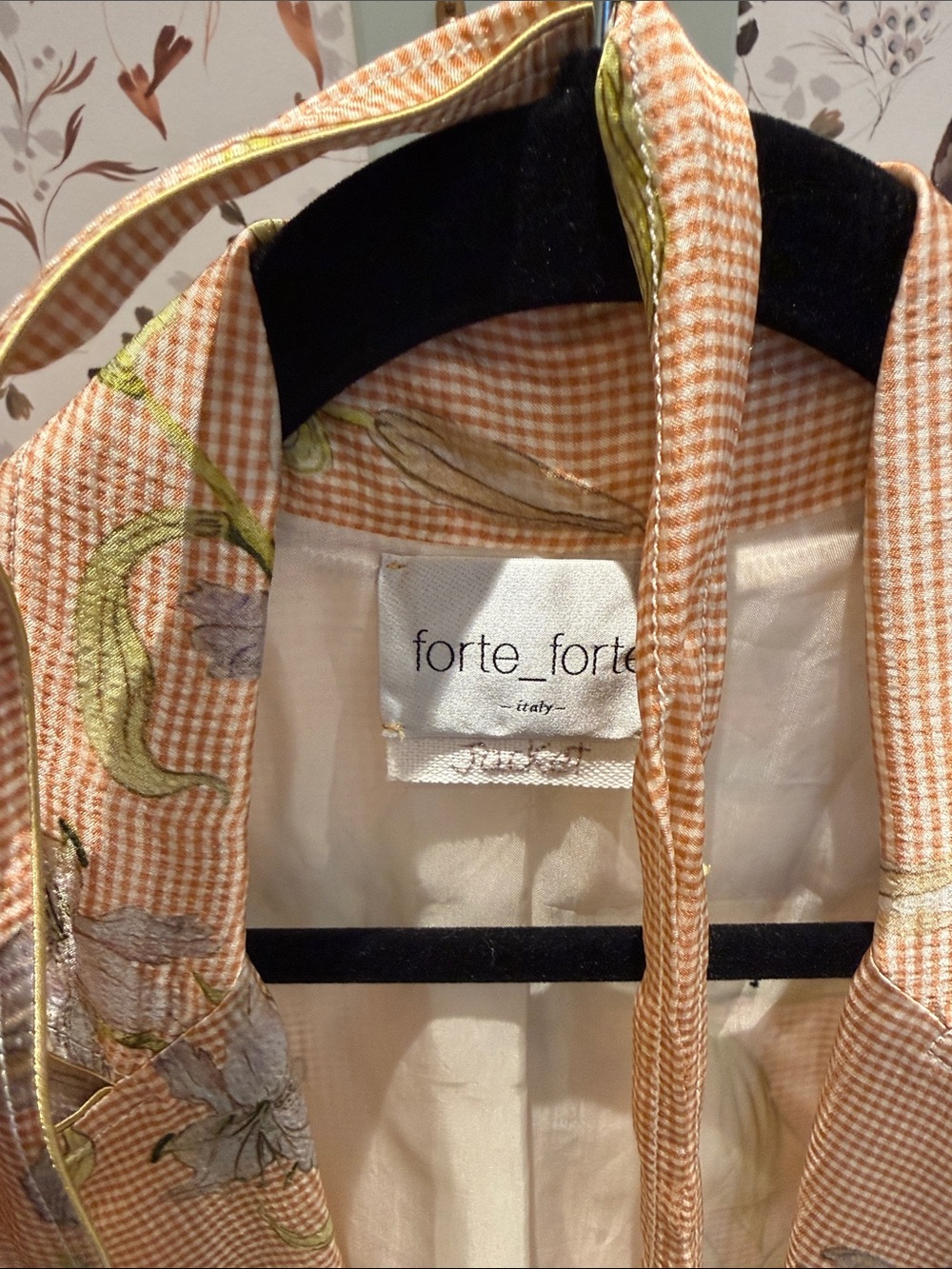 forte_forte Peach Gingham Floral Tie-Neck Blouse - Picture 2 of 6